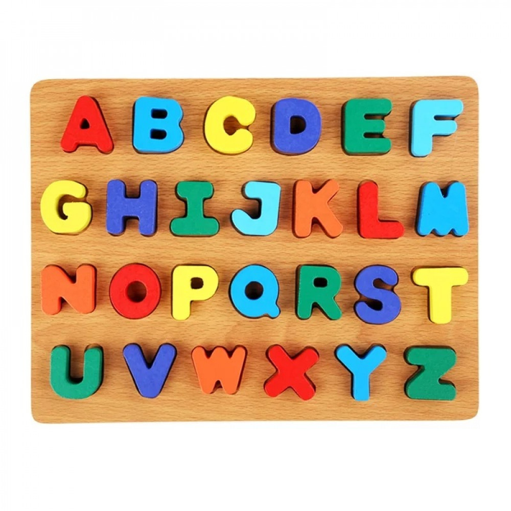 Educational game wooden English letters, colored installation