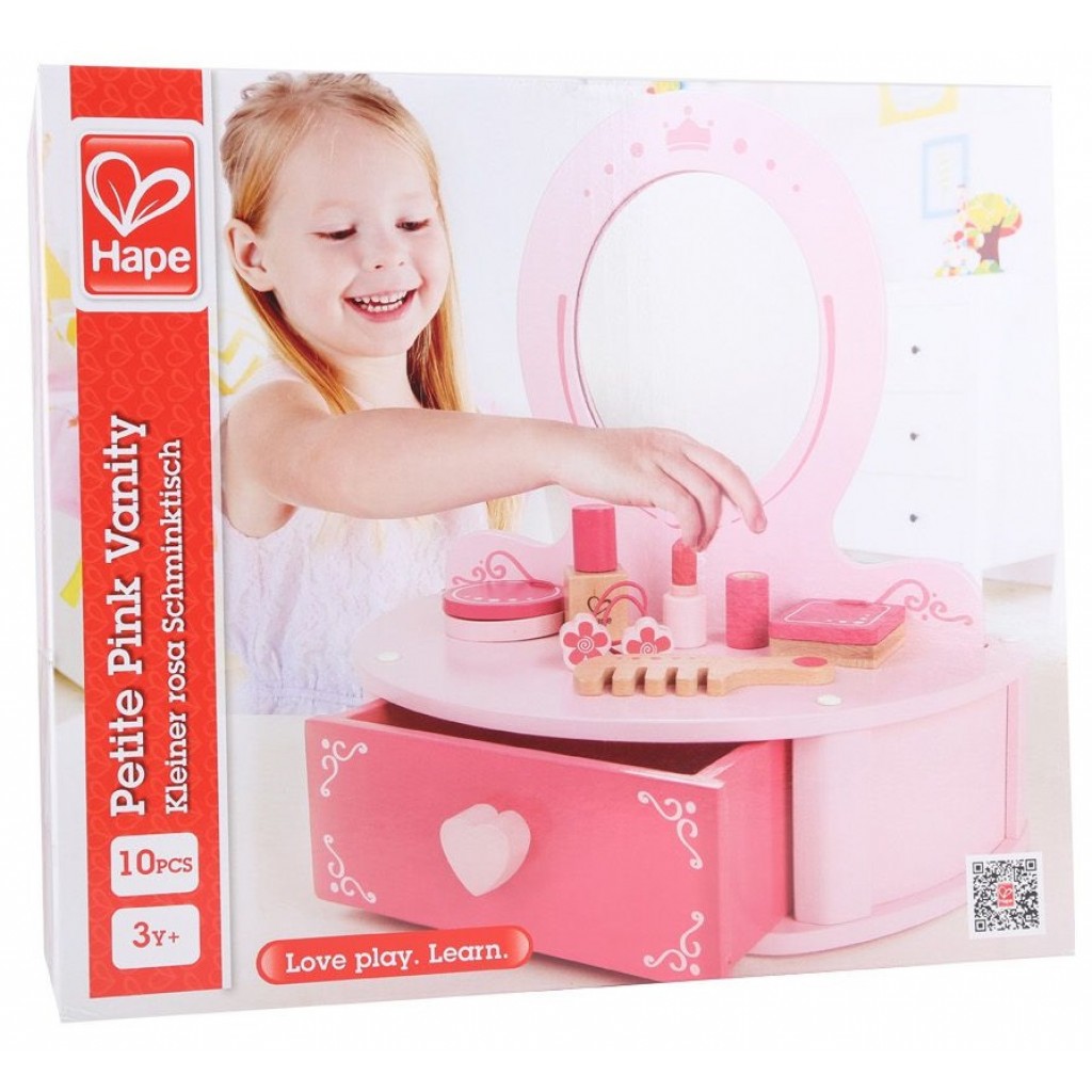 Vanity Pink - Small Wooden Toys Makeup Desk - Elegant Makeup Toys Set,