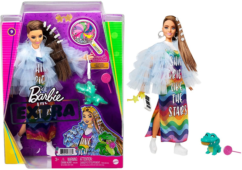 Barbie -Extra Doll with Rainbow Dress and Sweater