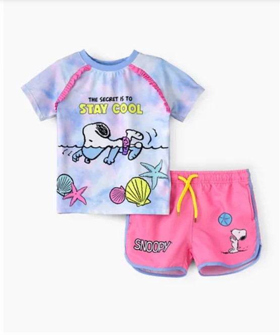 Snoopy Print Short Sleeves Rashguard and Shorts Set 