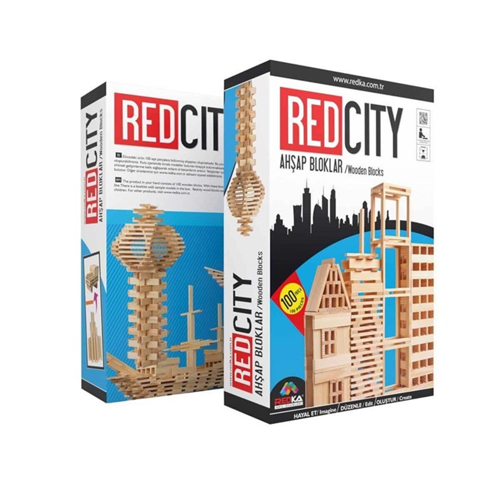 Wooden towers and shapes building game 100 pieces - Red City