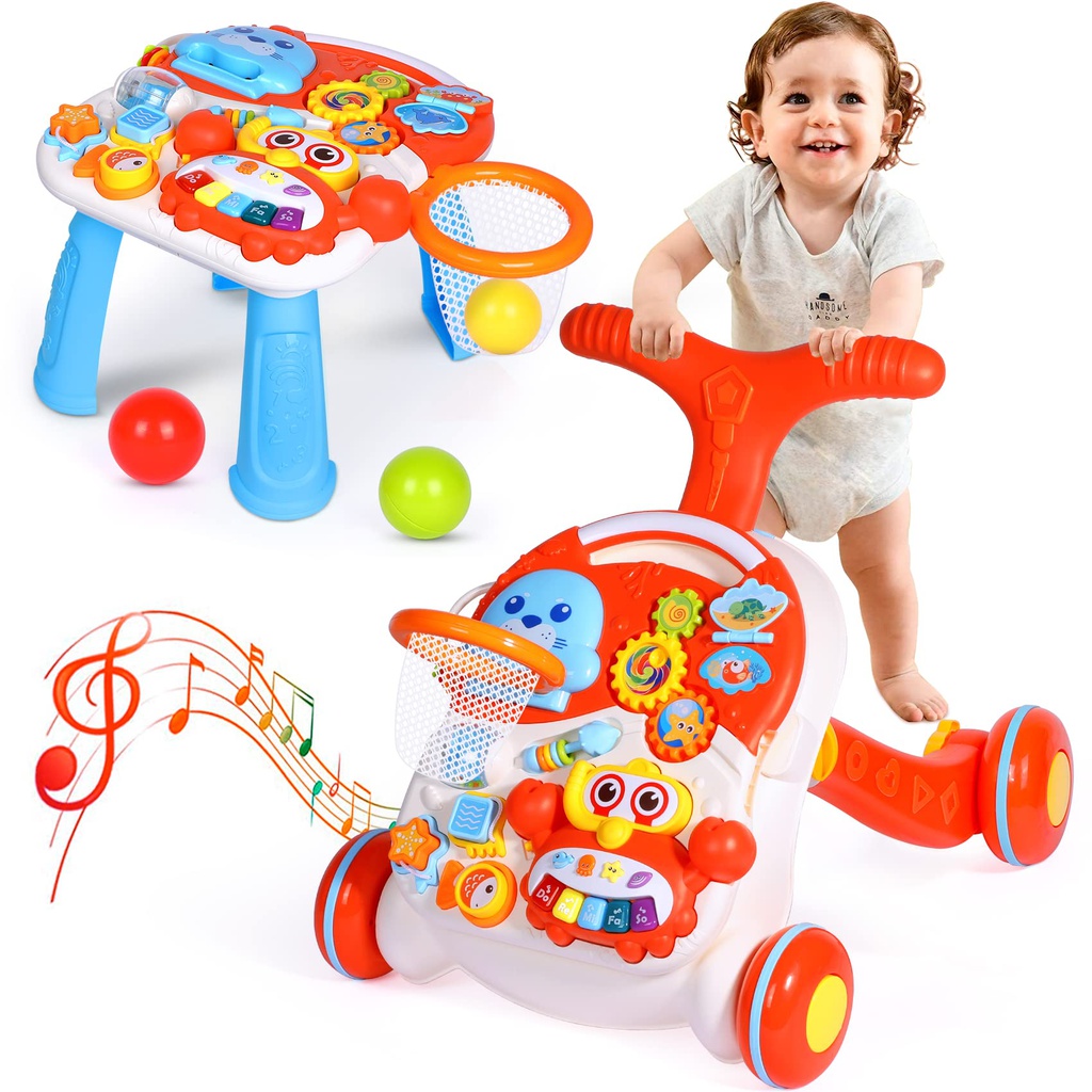 Baby walker 2 in 1 educational table - orange with light and music