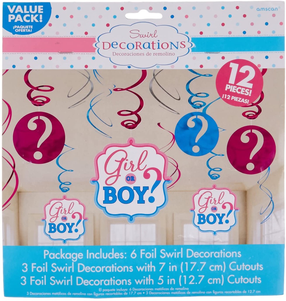 BOY OR GIRL? SWIRL DECORATIONS 12PCS