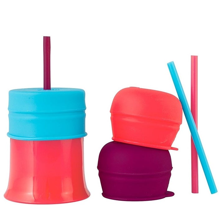 Boon -SNUG Stretchy Silicone Reusable Lids With Straws and Containers - Girl