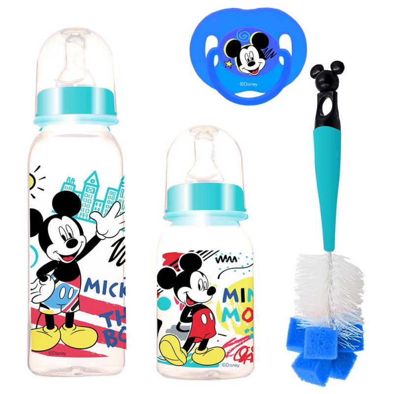 Disney - Baby Feeding 4 Pcs Gift Pack, 0+ Months - Mickey Mouse (BPA free 1 bottle 9oz, 1 Bottle 5oz, 1 Bottle brush and 1 soother.) - Blue