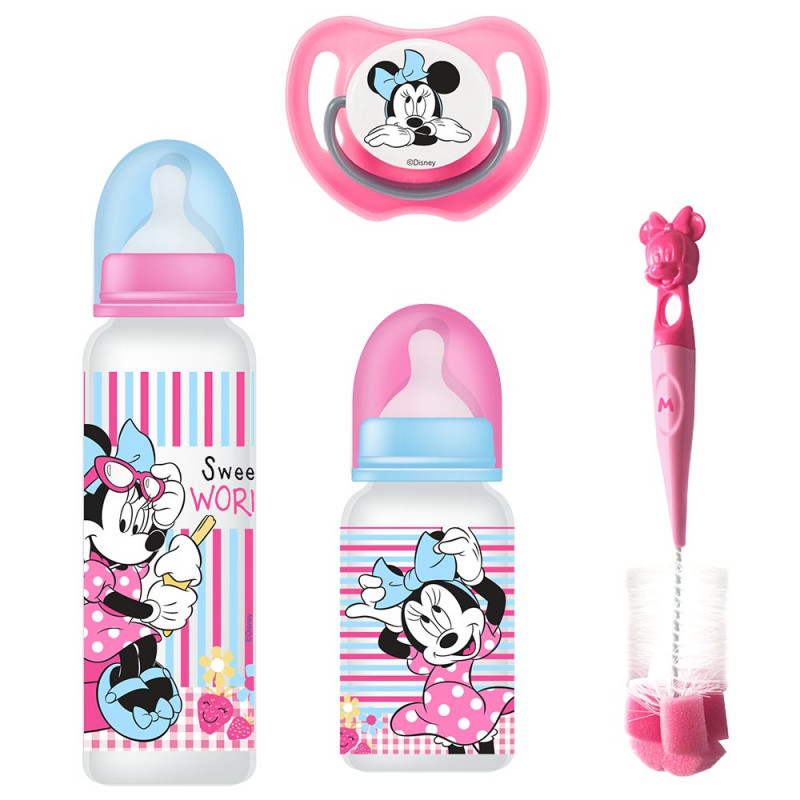 Disney - Baby Feeding 4 Pcs Gift Pack, 0+ Months - Minnie Mouse (BPA free 1 bottle 9oz, 1 Bottle 5oz, 1 Bottle brush and 1 soother.) - Pink