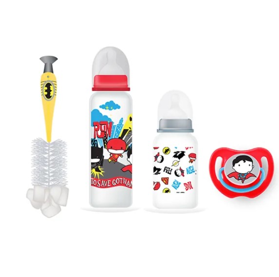 DC Comics - Baby Feeding 4 Pcs Gift Pack, 0+ Months - Batman/Superman (BPA free 1 bottle 9oz, 1 Bottle 5oz, 1 Bottle brush and 1 soother.) - red