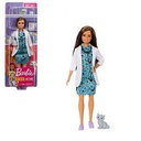 Barbie doll with stethoscope and gray cat