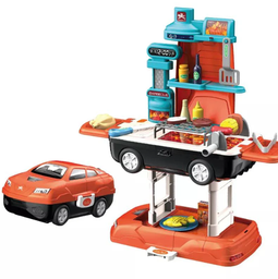 [8042] Kitchen 2 in 1 Sports Car Pretend Play Kitchen Large Barbecue Food Stove 37 Pieces